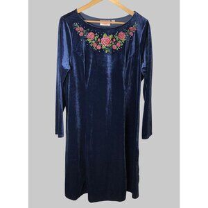 Quacker Factory Women L Kaftan Dress Velvet Velour Blue Beaded Flowers Floral